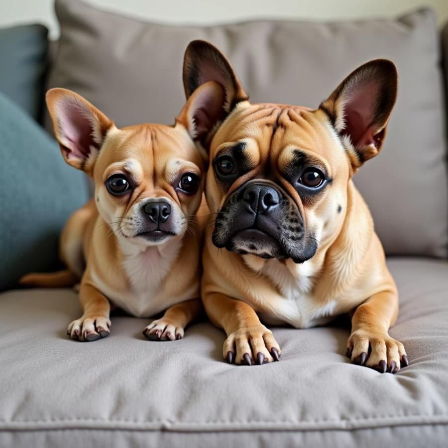 Two Female Dogs Cuddling Comfortably on a Sofa