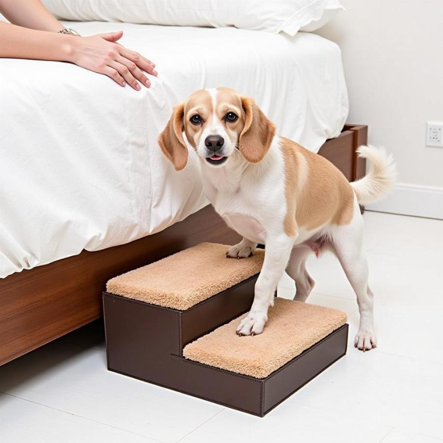 Foldable dog steps assist a small dog reaching a high bed