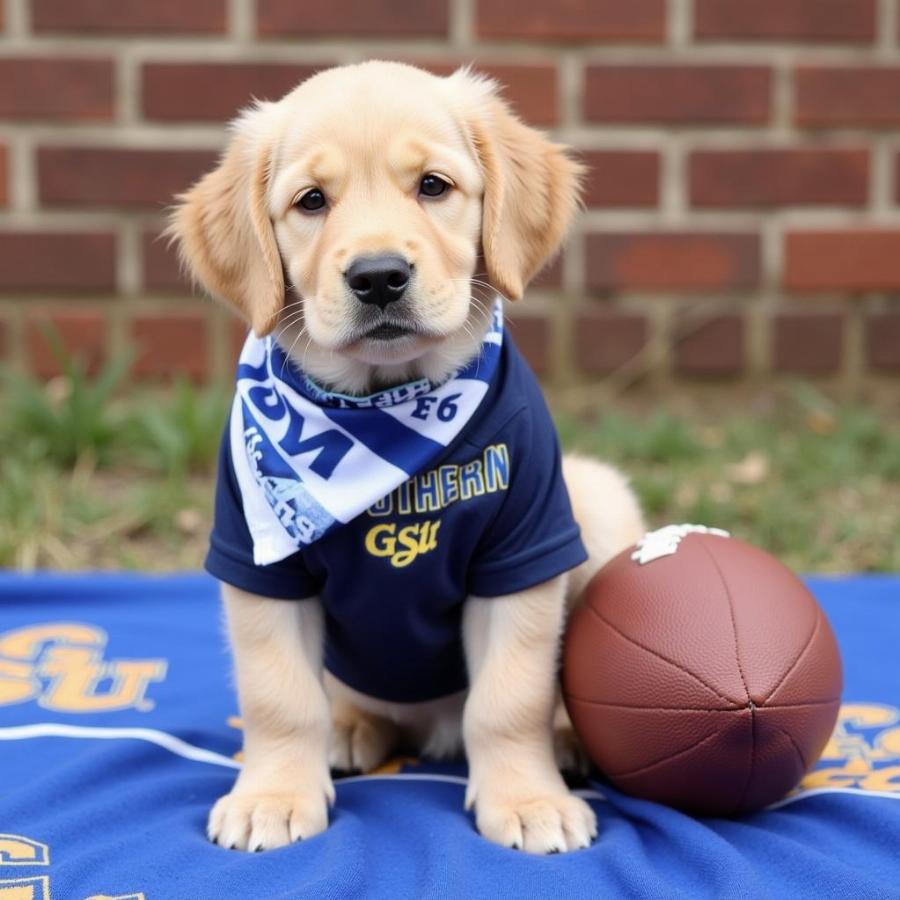 Dog wearing Georgia Southern University Gear