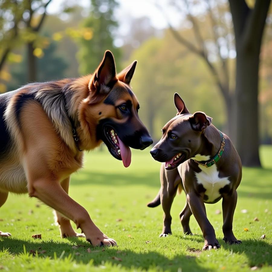 German Shepherd and Pitbull Playing Together