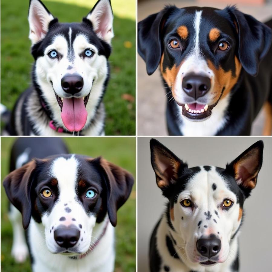 Giống Chó Heterochromia: Hình ảnh ghép các giống chó thường xuất hiện heterochromia như Husky, Australian Shepherd, Dalmatian và Border Collie, mỗi con đều có đôi mắt khác màu.