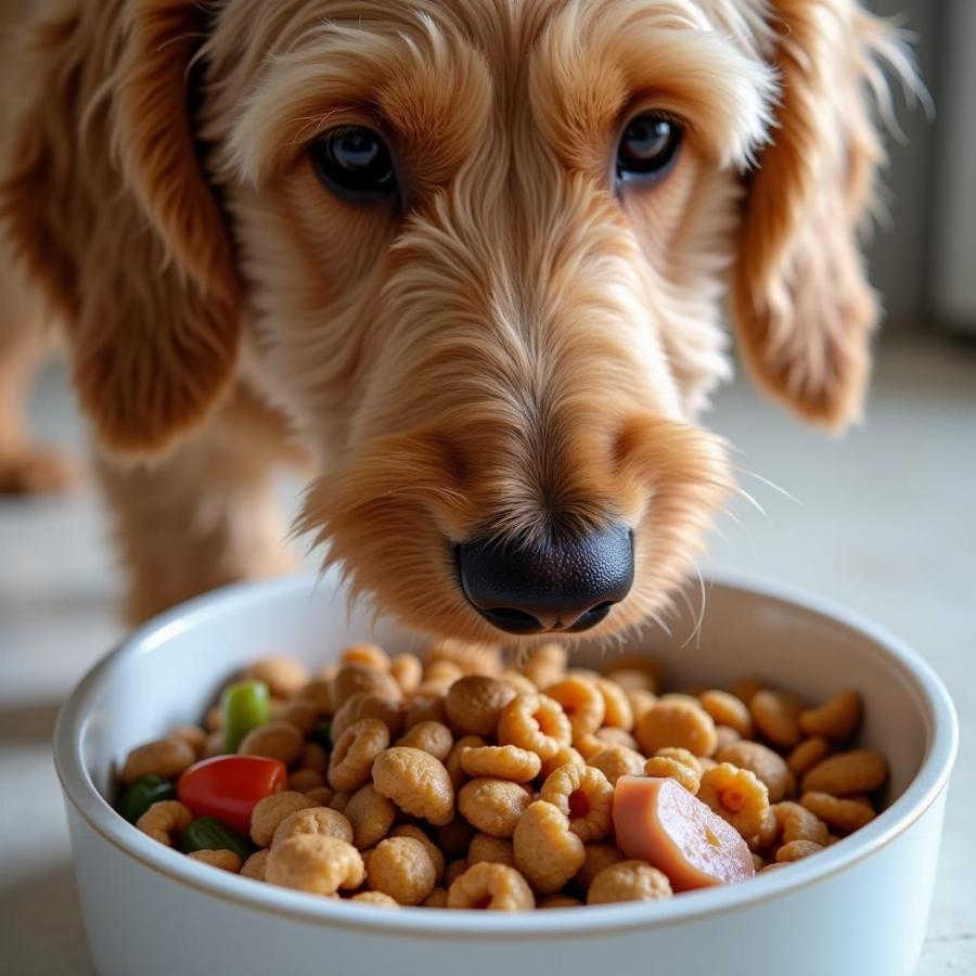 Goldendoodle Examining Dog Food Ingredients