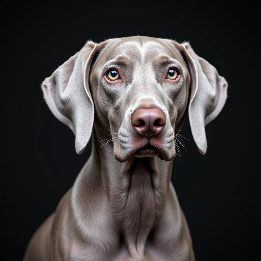 Weimaraner with distinctive blue-gray eyes and silver coat