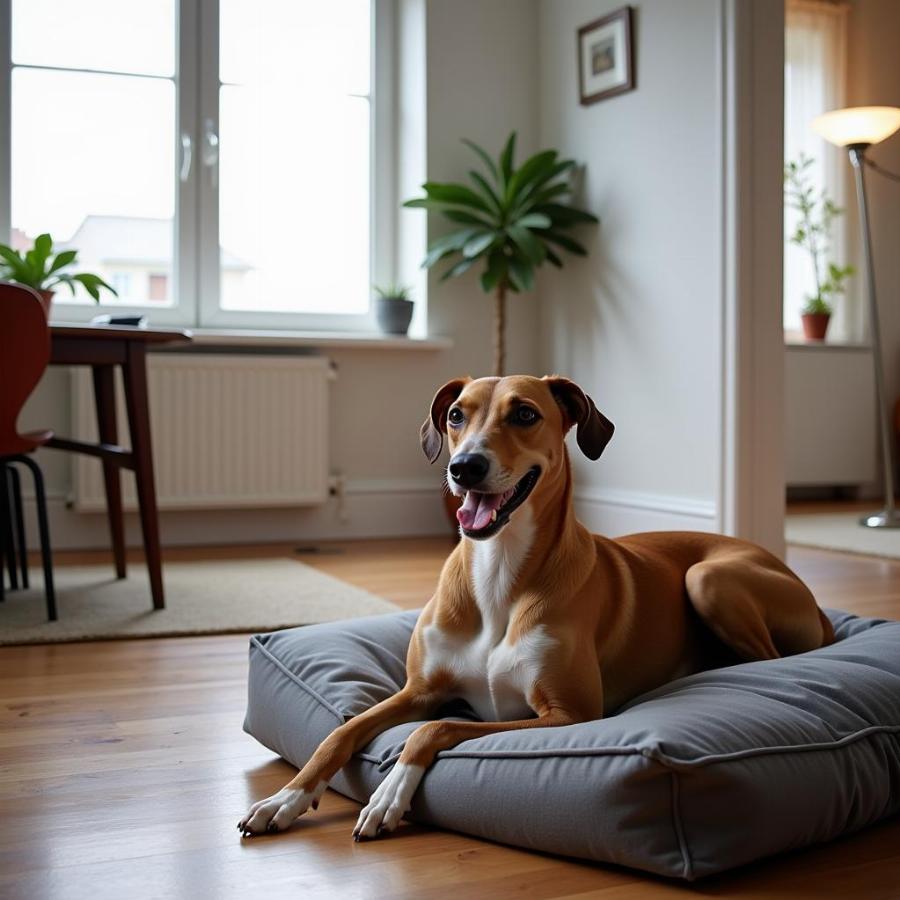 Greyhound relaxing in an apartment