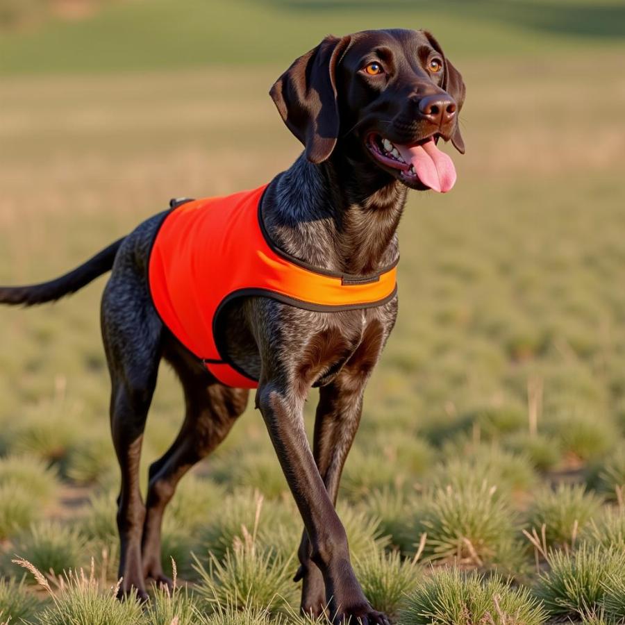 Gun dog wearing a bright orange vest in a field