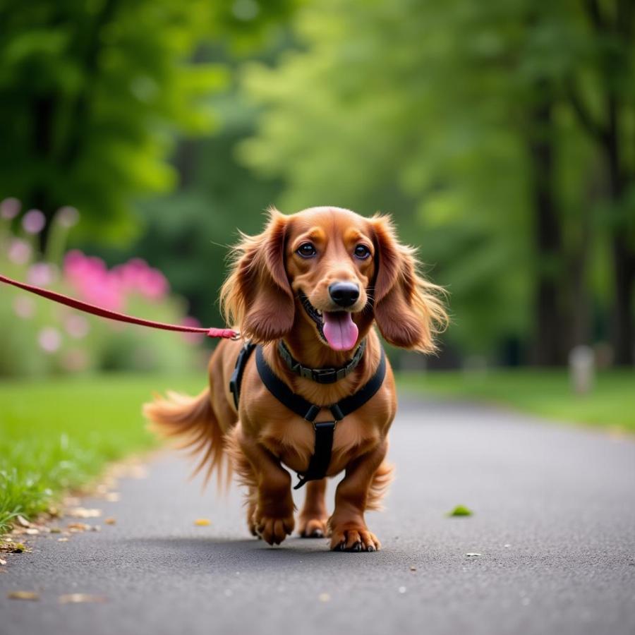 A hairy weiner dog enjoying a walk in the park.