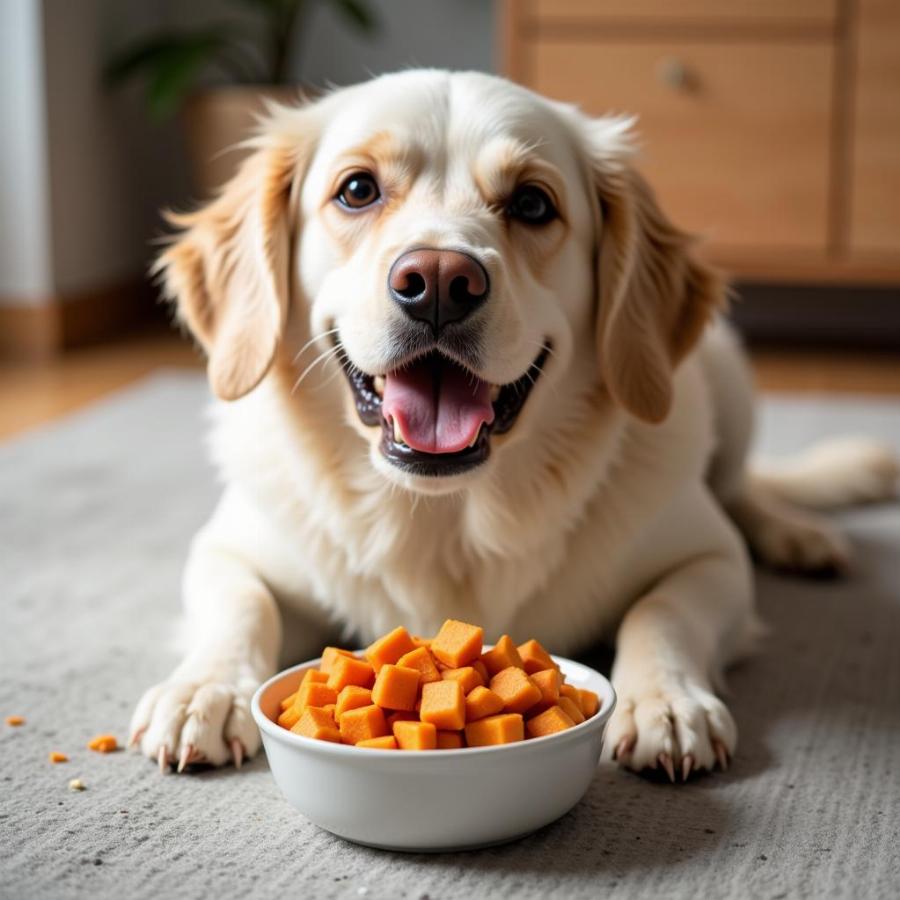 Happy Dog Eating White Fish and Sweet Potato Dog Food