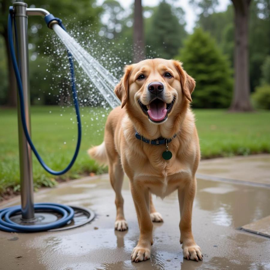 Happy dog being rinsed with an outdoor shower