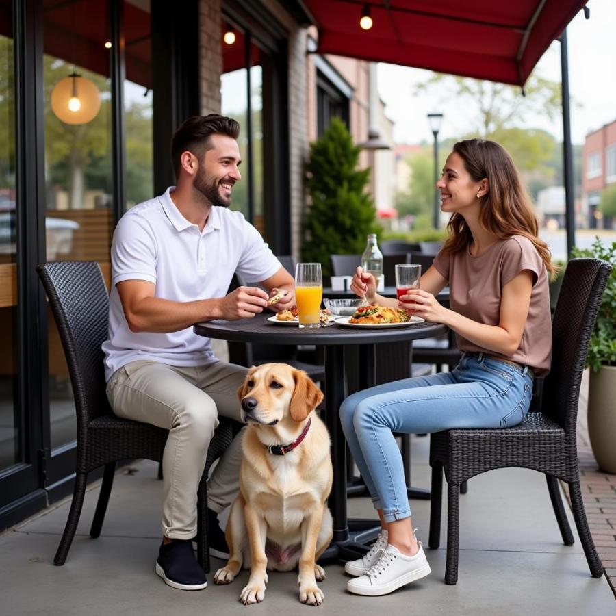 A happy dog owner dining with their dog at a Pasadena restaurant