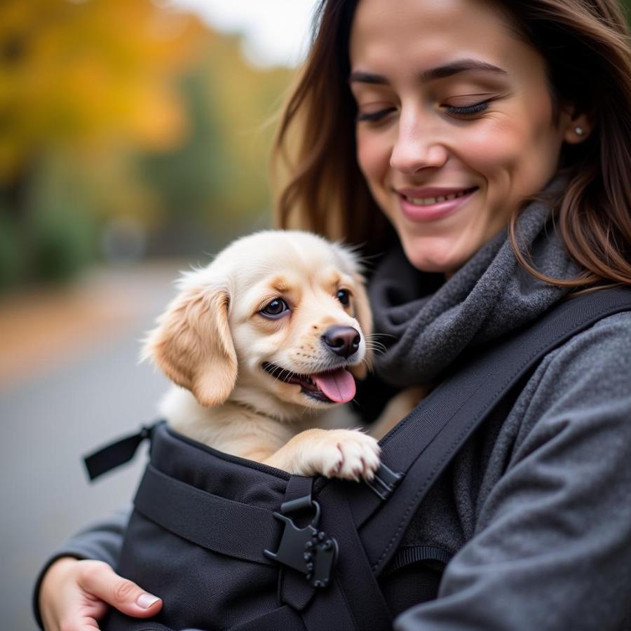 Happy Dog in Sling Carrier with Owner