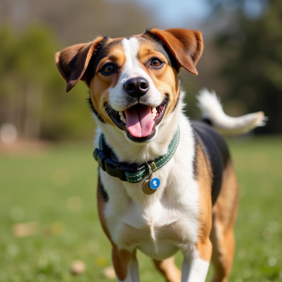 A happy dog wearing a QR code tag