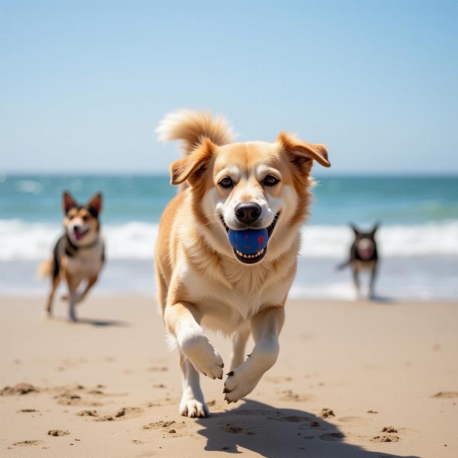 A dog playing fetch at Haulover Dog Beach