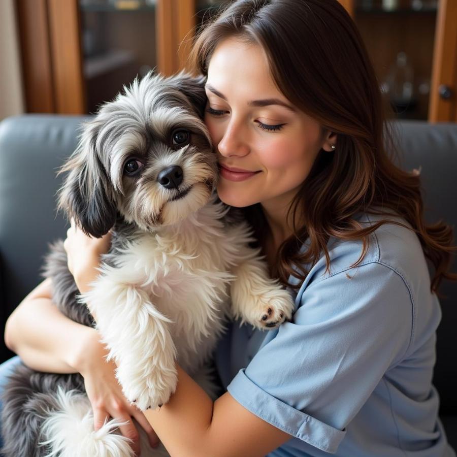 Havanese dog cuddling with owner