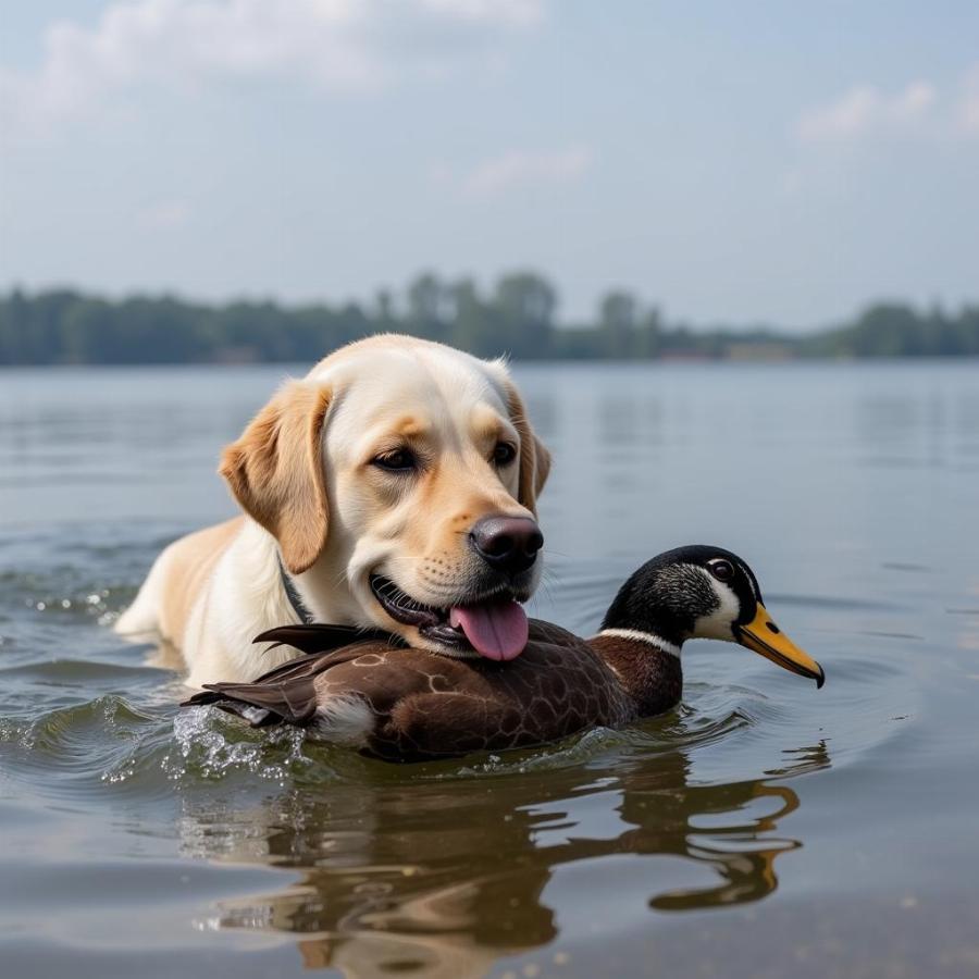 Hunting dog retrieving bird from water