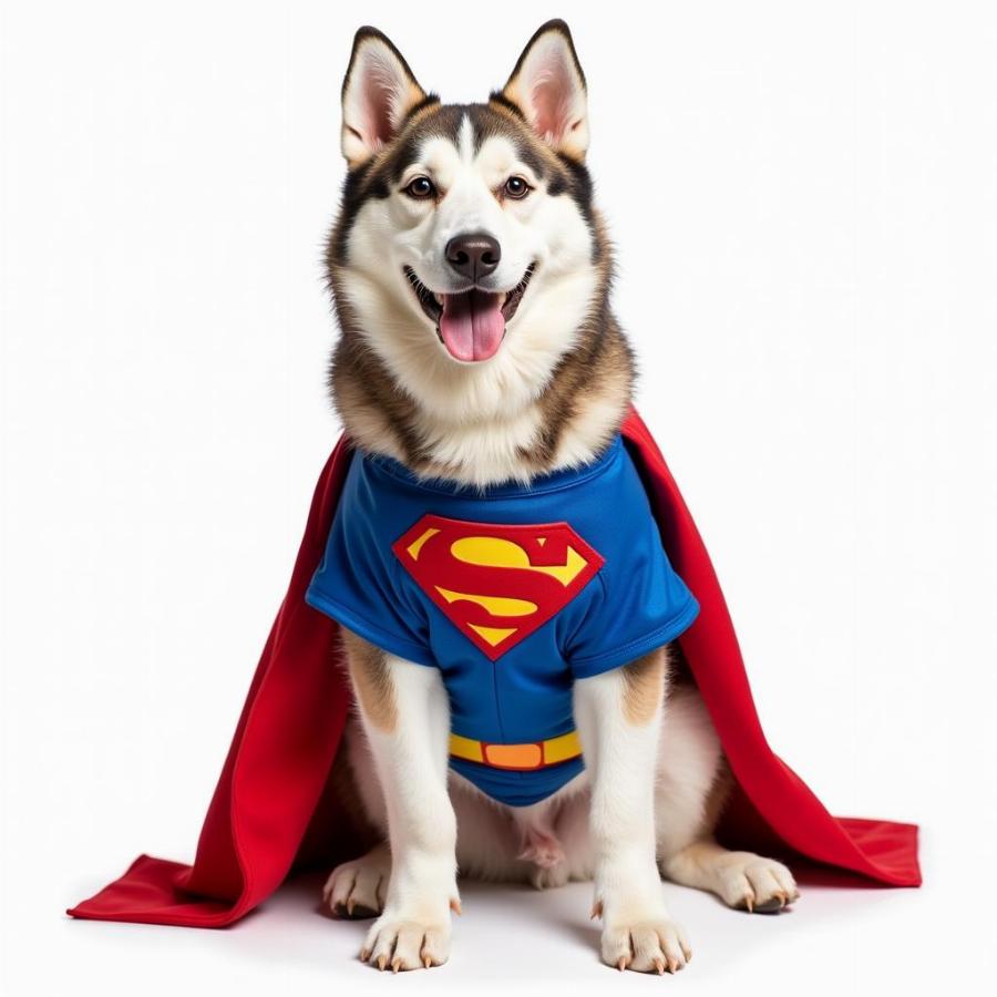 Husky Dog Dressed as Superman for Halloween