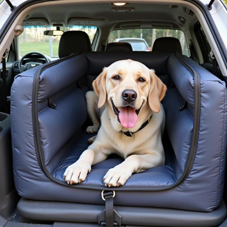 Inflatable Dog Crate Secured in a Car for Travel