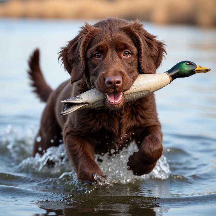 Labradoodle retrieving a duck from the water