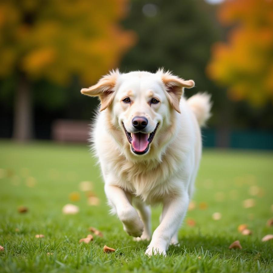 Labrador Pyrenees mix playing fetch in a park