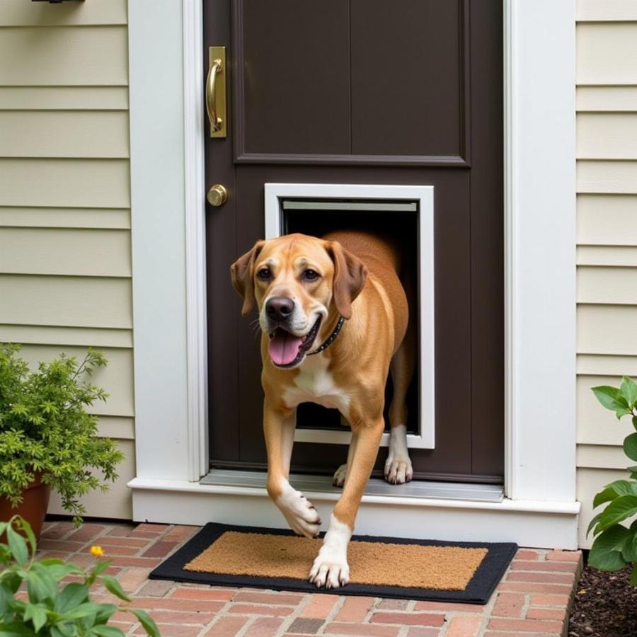 A large dog comfortably using an extra-large dog door.