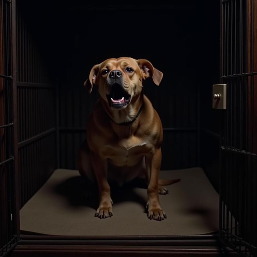 Lonely dog barking in a crate at night