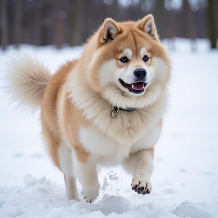 Long-haired Akita frolicking in the snow