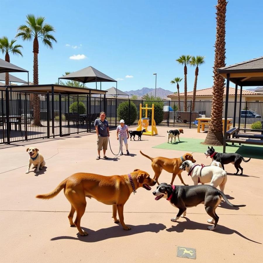 Dogs playing in a spacious outdoor area at a Las Vegas dog resort