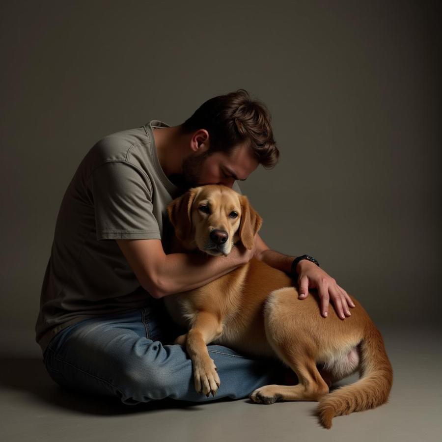 Man Hugging Dog for Emotional Support