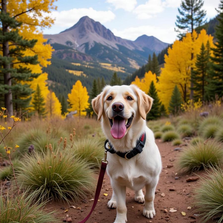 Dog hiking on Maroon Creek Trail with stunning mountain backdrop