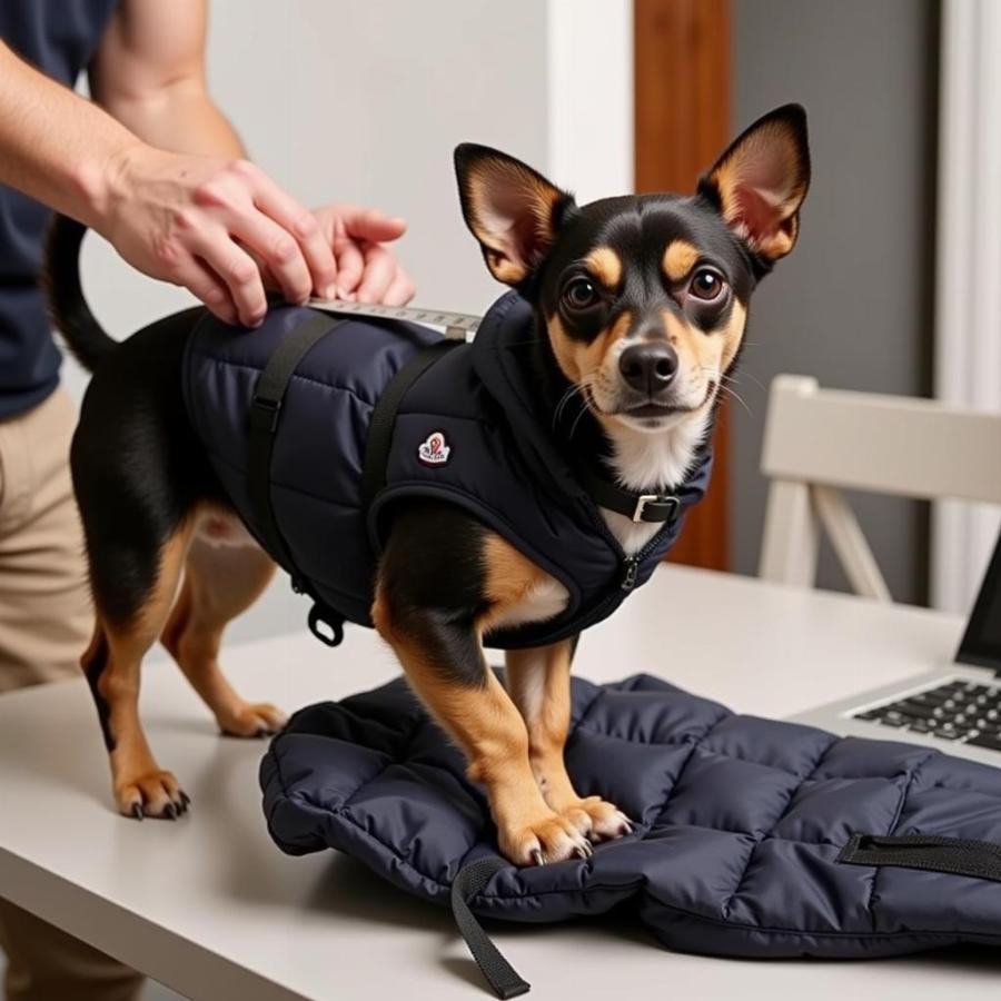 Measuring a dog for a Moncler coat