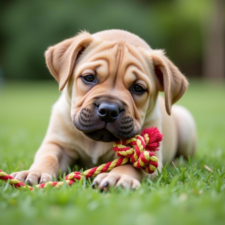 Mini Shar Pei playing with a toy