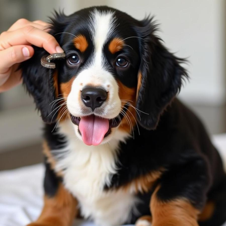 Miniature Bernese Mountain Dog getting groomed