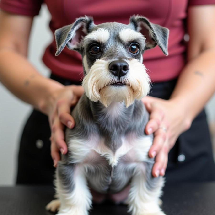 Miniature Schnauzer Being Groomed