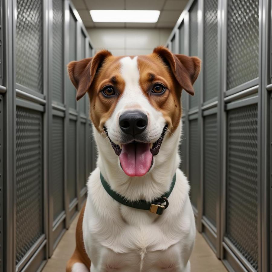 A mixed breed dog at an animal shelter looking hopeful for a forever home