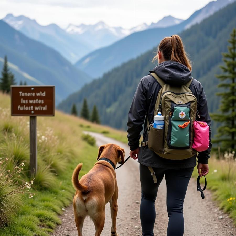 Mountain Hiking Safety Tips for Dogs: Leash, water, first-aid kit, and awareness of wildlife.