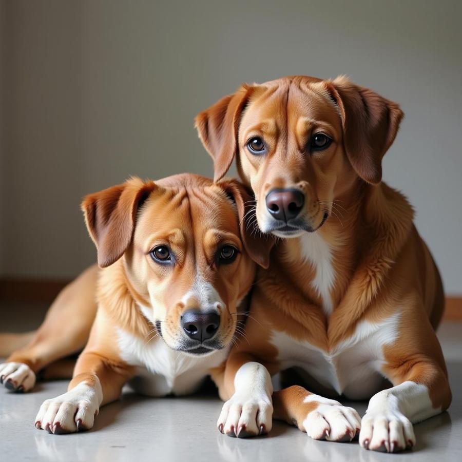 Neutered male dog relaxing with female dog