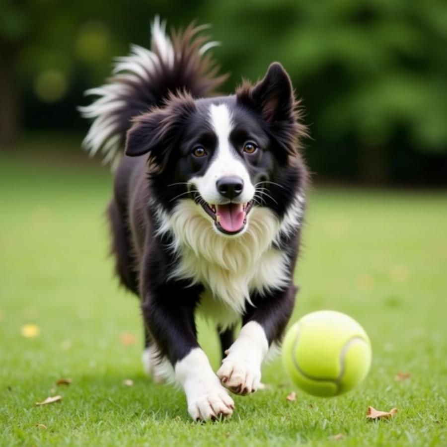 Chó lai Newfoundland Border Collie đang chơi trò bắt bóng