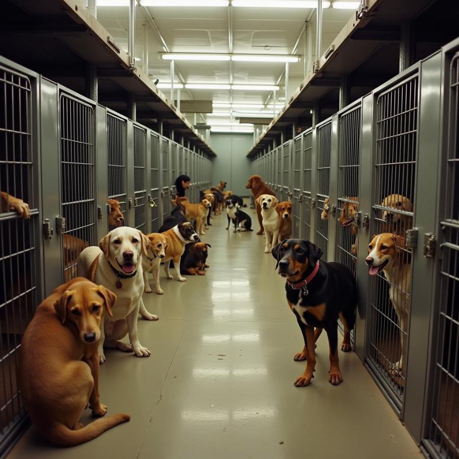 Overcrowded Animal Shelter with Dogs in Kennels