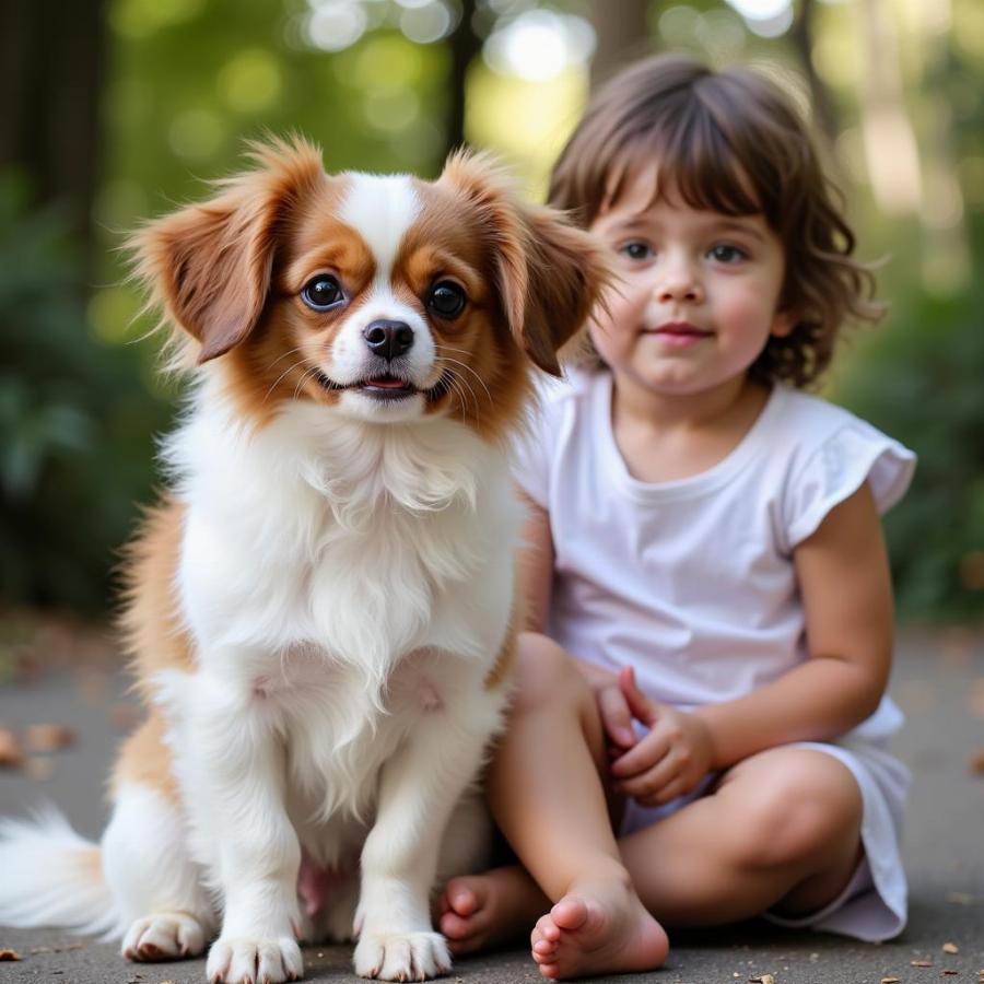 A Papillon dog sitting calmly next to a child