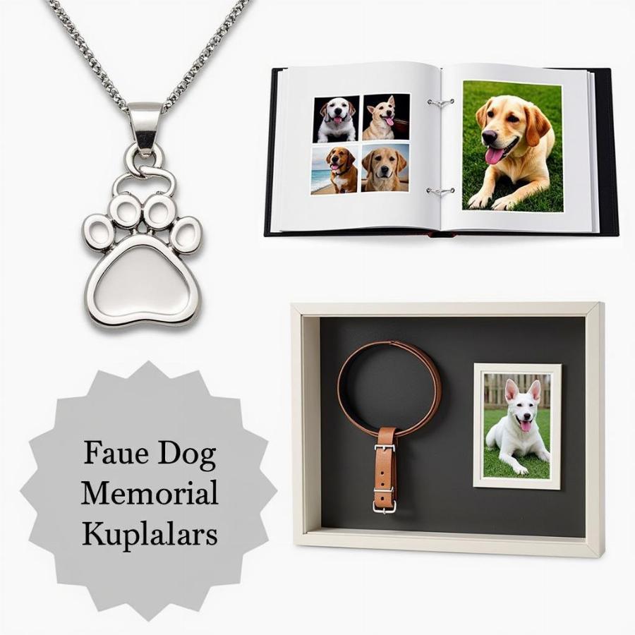 Personalized dog memorial keepsakes including engraved jewelry, photo albums, and framed collars.