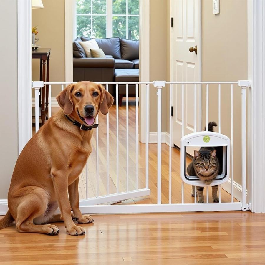 Dog and Cat with a Petsmart Dog Gate with Small Pet Door