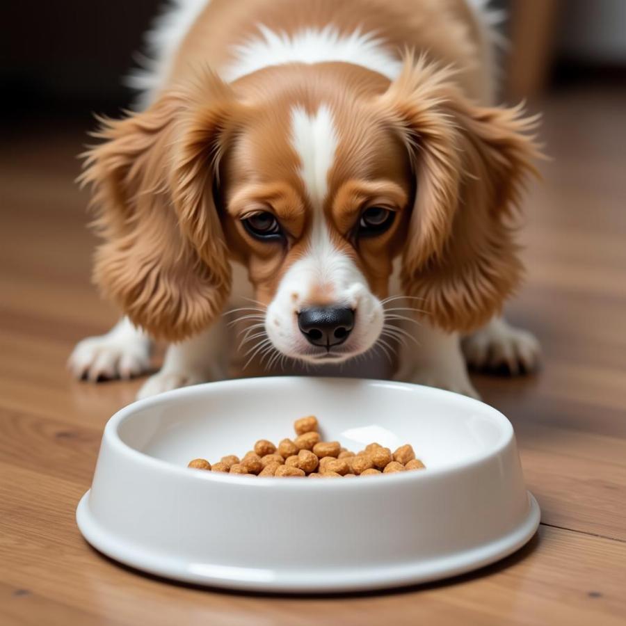 Picky eater dog cautiously trying a new food.