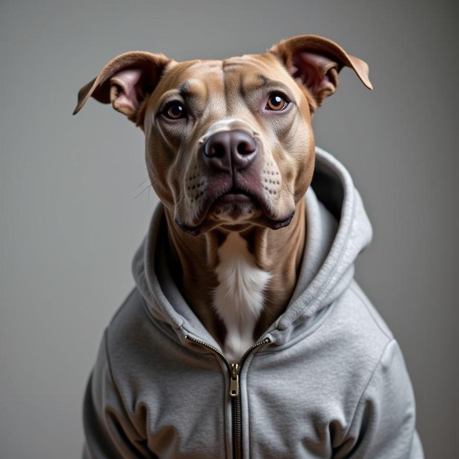 Pitbull wearing a stylish hoodie