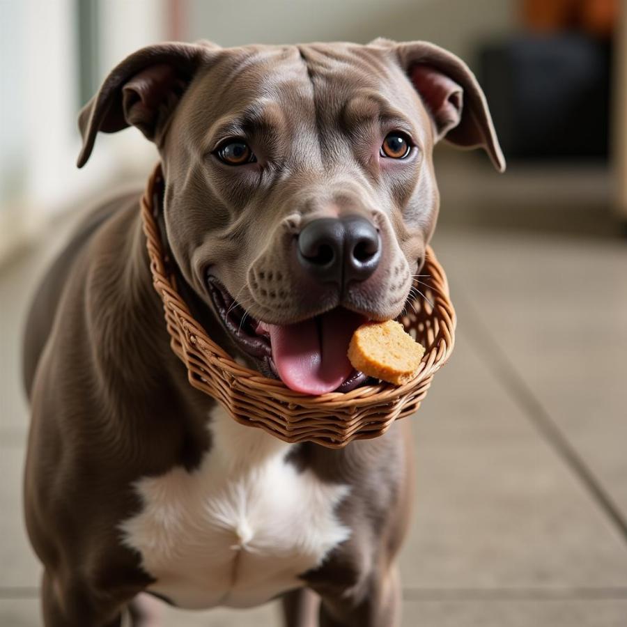 Happy Pitbull Wearing a Muzzle