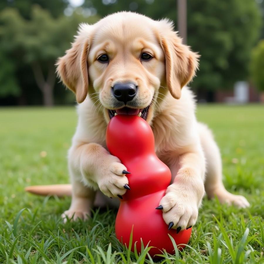 Puppy Chewing on a Red Kong Toy