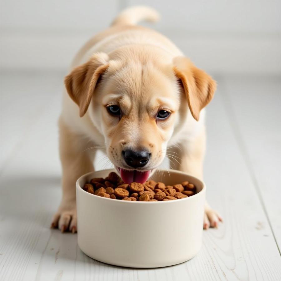 Puppy enjoying puppy food from a bowl