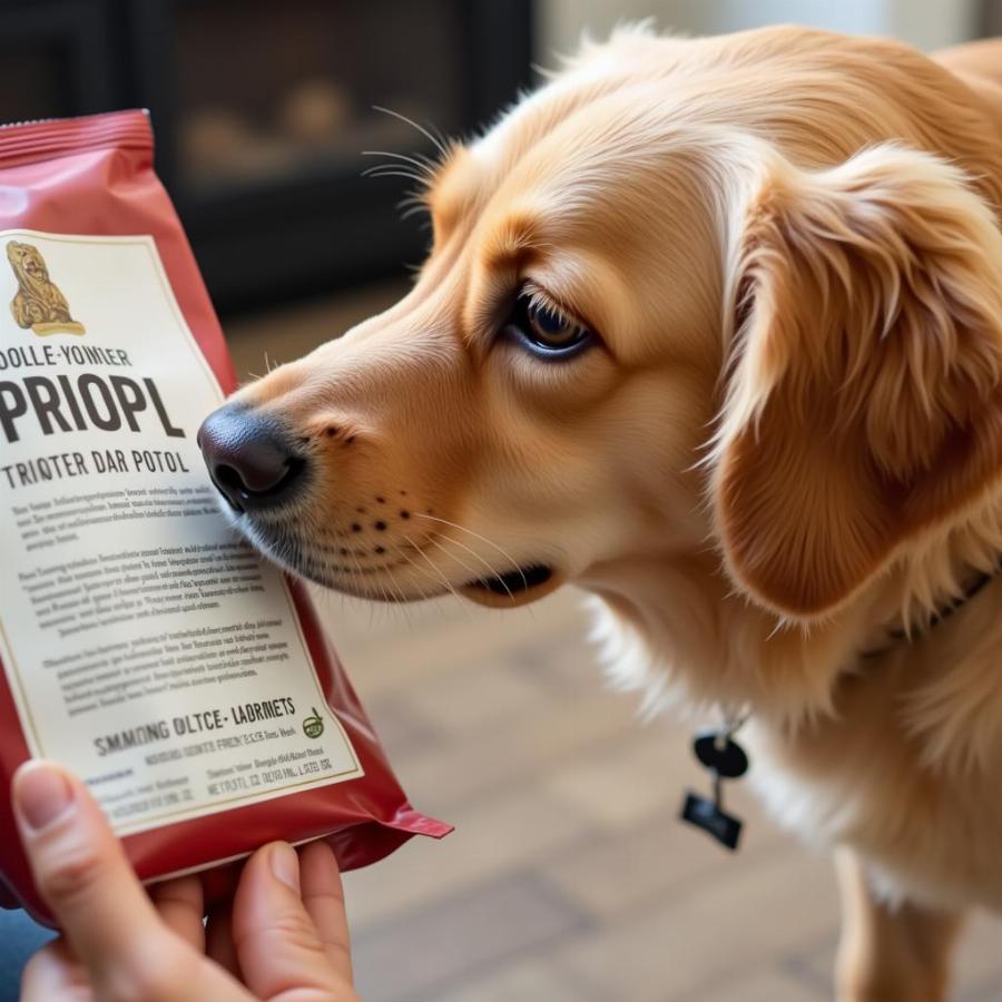 Retriever Dog Checking Food Bag Label for Recall Information