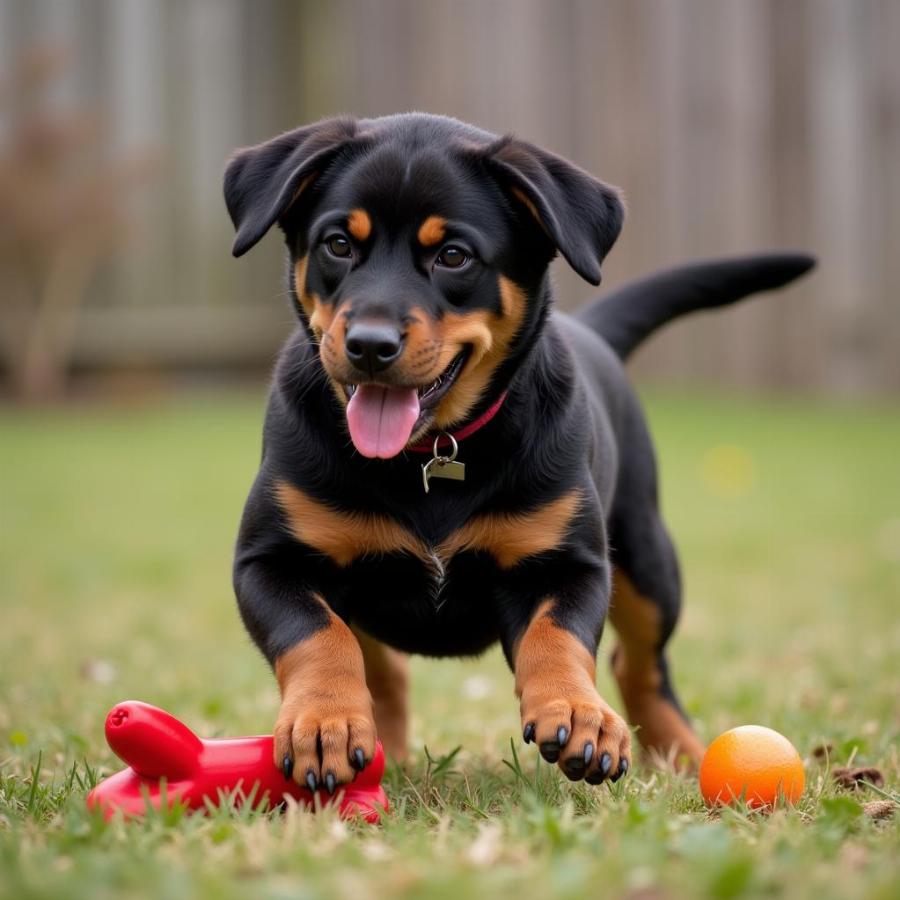 Chó lai Rottweiler và Weiner đang chơi với đồ chơi