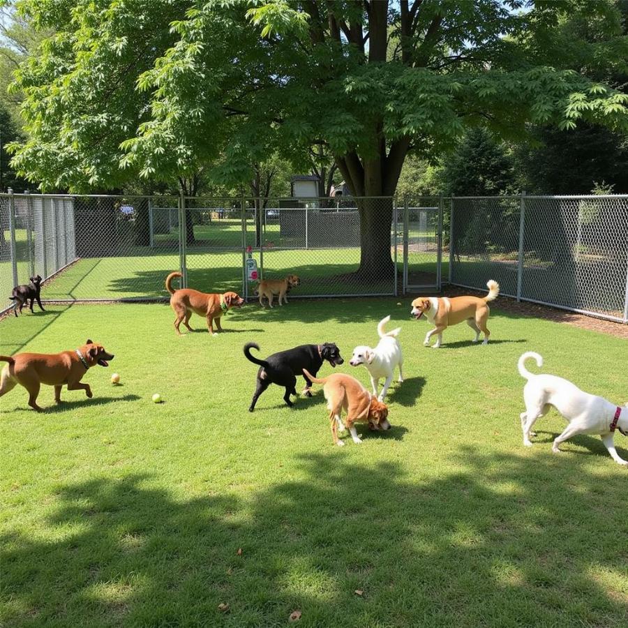 Dogs playing in the fenced area of Saratoga Springs Dog Park