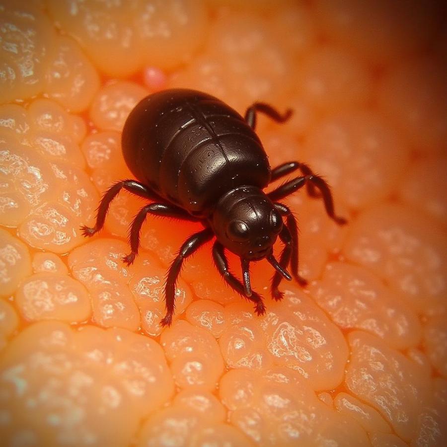 Sarcoptes scabiei mite burrowing into dog skin