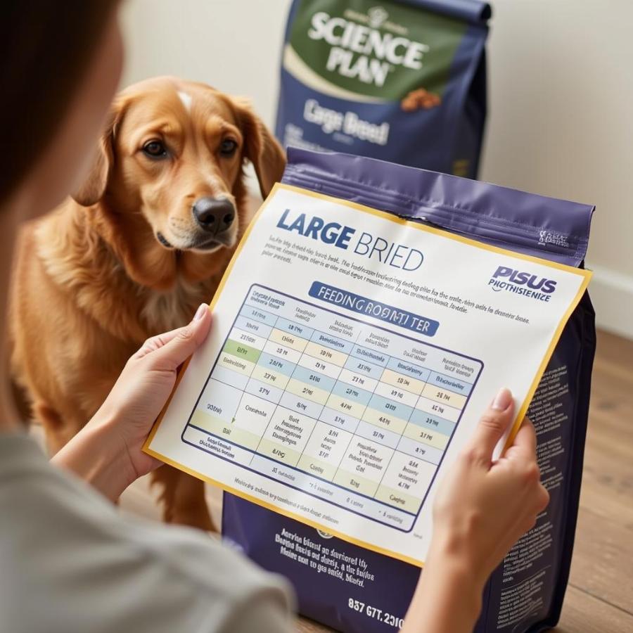 Dog Owner Consulting Feeding Guide on Science Plan Bag